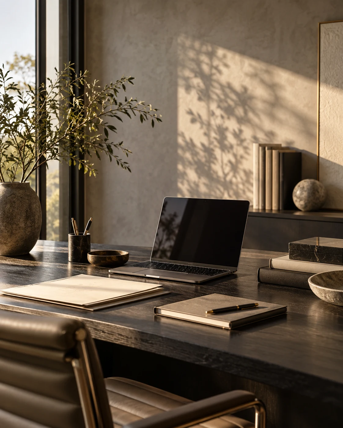 Sunlit workspace with a laptop, reference books and documents
